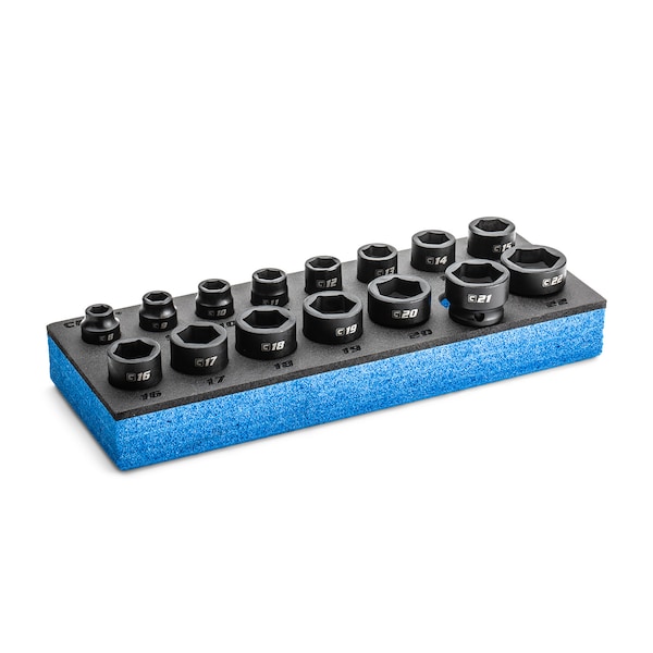 3/8 in. Drive Stubby Impact Socket Set, Metric, 8 to 22 mm, 15-Piece